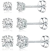 GEMSME 925 Sterling Silver White/Yellow Gold Plated 4 Pong Round Clear Moissanite Stud Earring for Women 3/4/5mm Pack of 3 Pairs