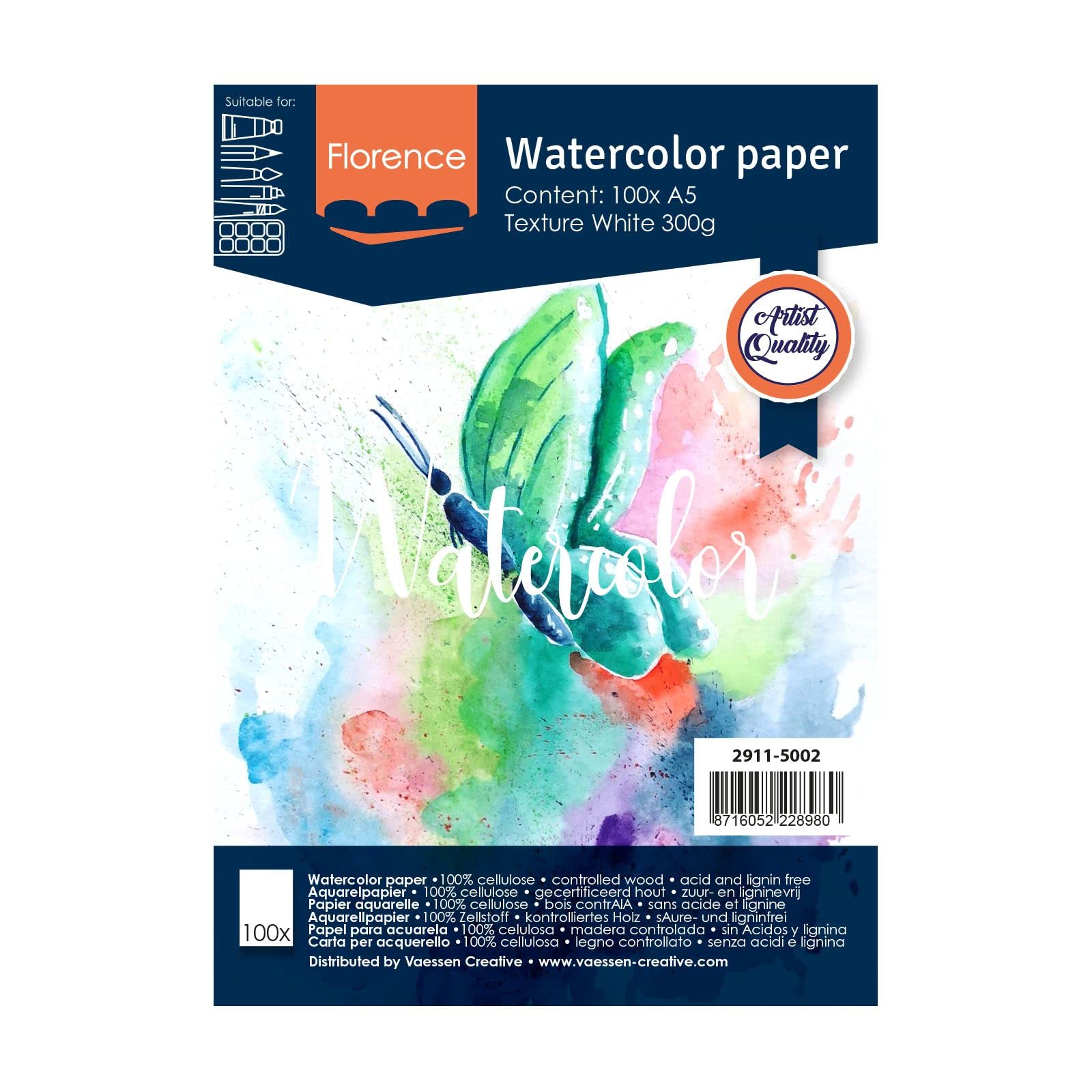 Vaessen Creative Florence Watercolour Paper A5, White, 300 GSM, Artist Grade Quality, Textured Surface, 100 sheets for Painting, Handlettering, Art Projects and More
