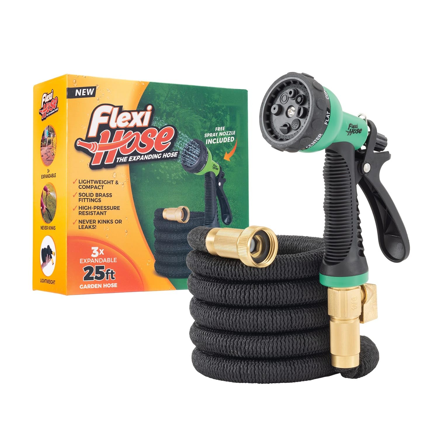 Photo 1 of Flexi Hose Expandable Garden Hose with 8 Function Nozzle, 25FT - Lightweight Retractable Garden Hose, Water Hose - No-Kink Flexibility, 3/4 Inch Solid Brass Fittings and Double Latex Core