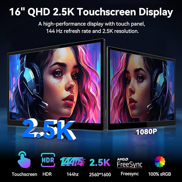 TOUCHSCREEN PORTABLE GAMING MONITOR 16 INCH QHD 2.5K(2560X1600) MONITOR 144HZ(USB C PORT) IPS DISPLAY, GAMING MONITOR FOR PC LAPTOP RAS PI PS4 PS5, WITH HDMI USB C BUILT-IN SPEAKERS