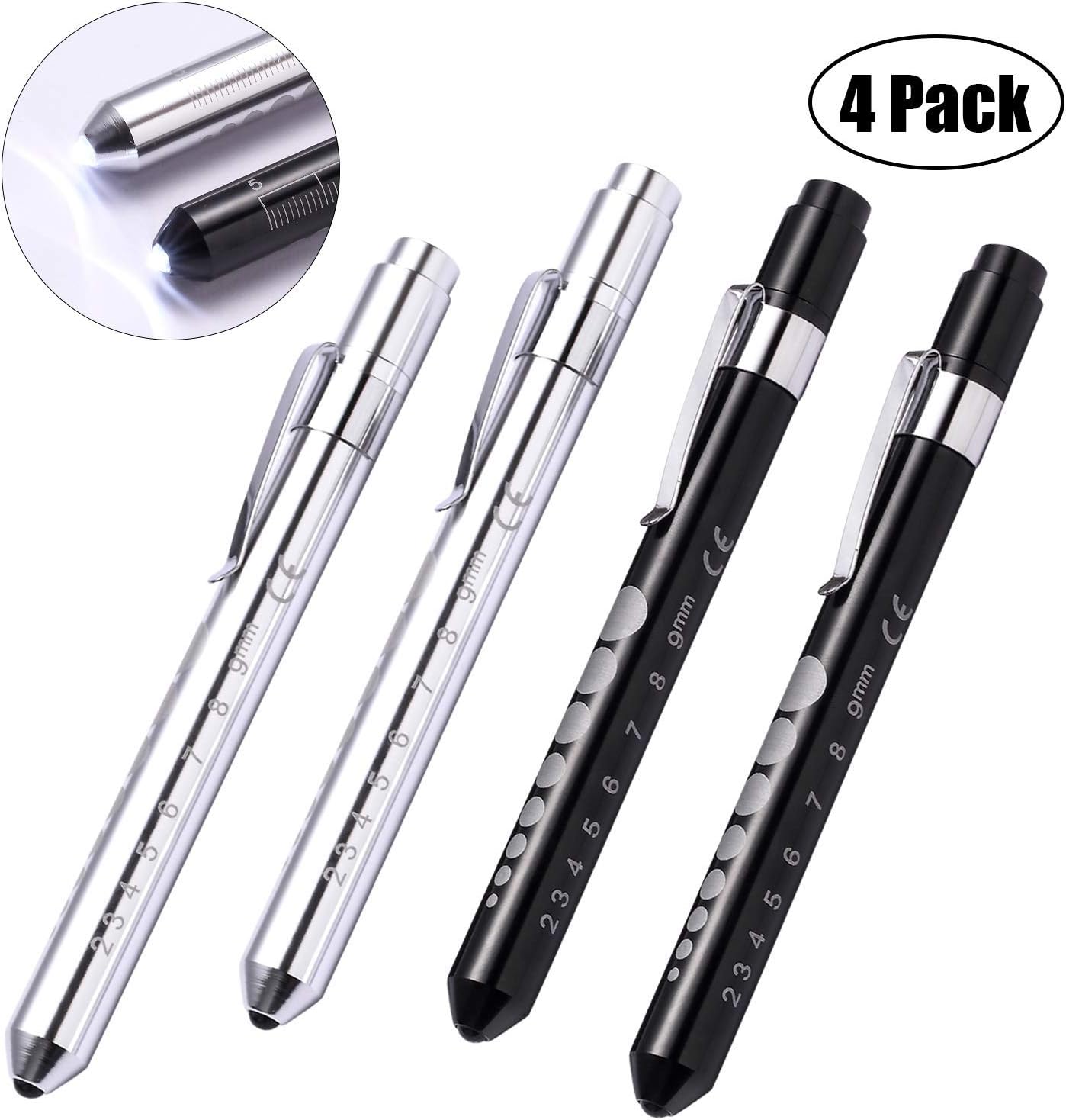 Yizerel 4 Pack Pen Light with Pupil Gauge LED Nurse Led Medical Penlight for Nursing School Doctor Diagnostic (Black & White)