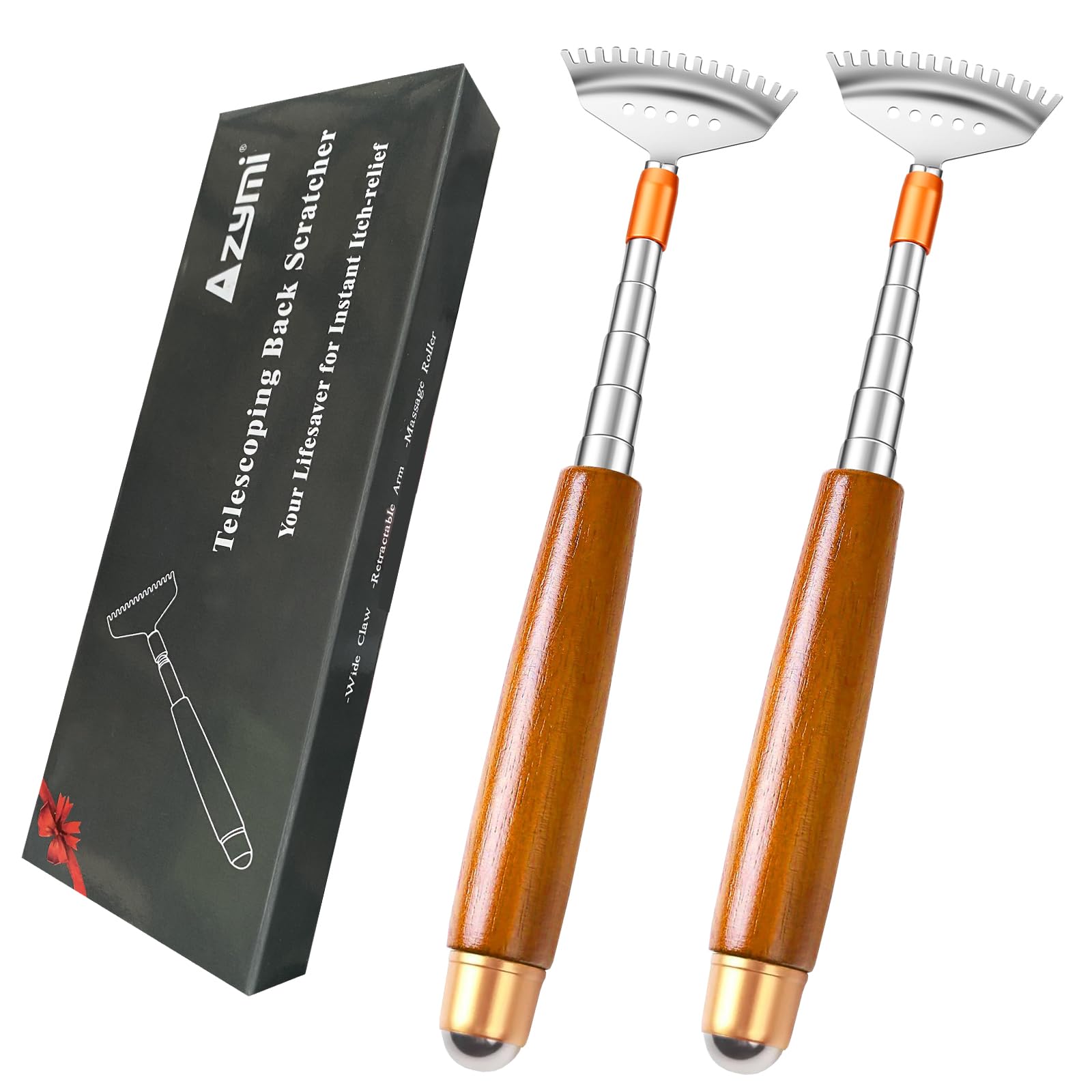 2-Pack Back Scratchers, Azymi Telescoping Back Scratcher for Women Men Extendable with Wooden Handle-Massage Roller-Steel Claw, Portable Back Massager for Head Scalp Face Scratch