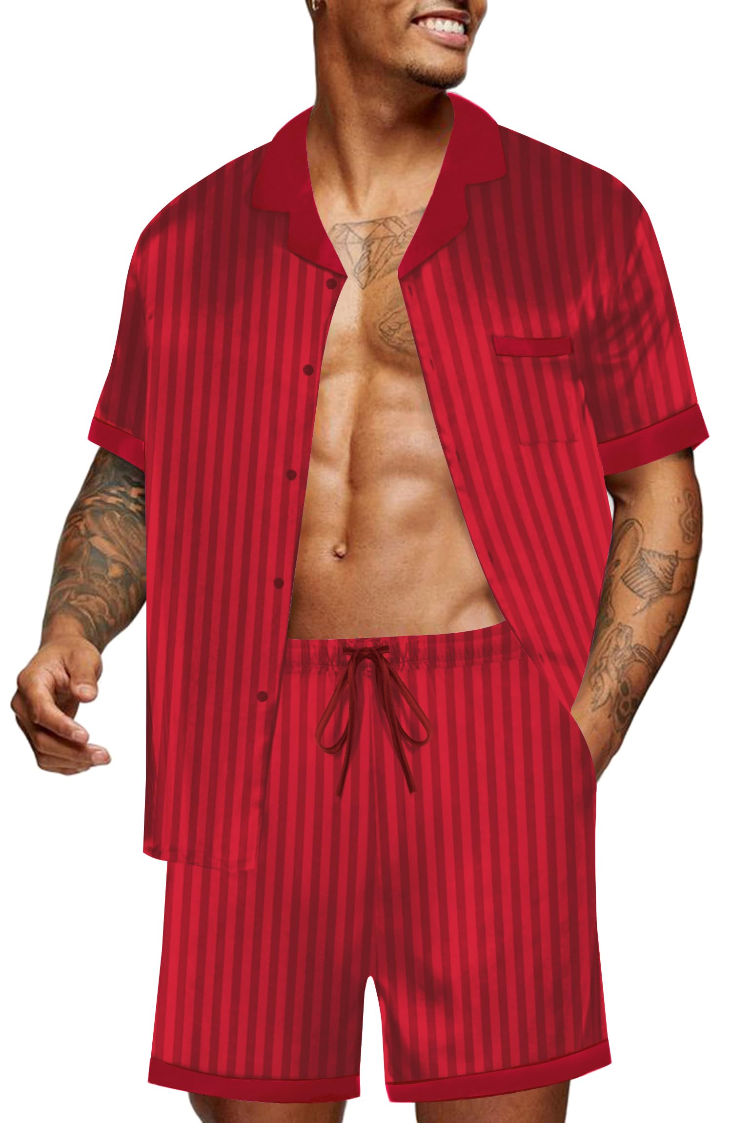 Ekouaer Men Satin Silk Pajamas Set with Pockets Sleepwear Shorts Satin Summer Loungewear 2 Piece Button Down Set S-3XL Image