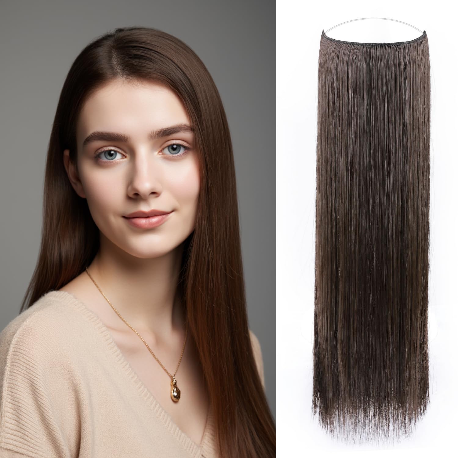 Benehair 24 Inches Straight Hair Extensions Invisible Wire Hair Extensions Synthetic Secret Headband Hairpieces Natural Black Hair Pieces for Women(Natural Black, 120g)