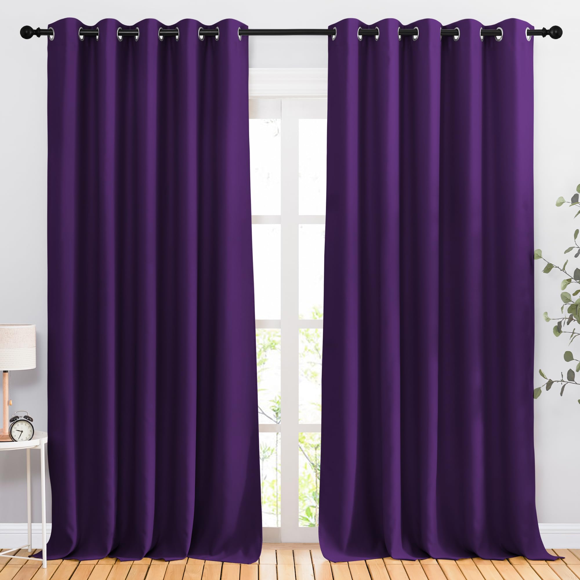 NICETOWN Bedroom Blackout Curtains & Drapes - Energy Saving Thermal Insulated Solid Grommet Light Blocking Window Treatments Privacy Room Divider for Living Room (2 Panels, Royal Purple, W66 x L102) Image
