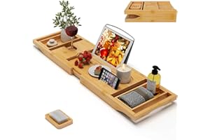 BAMBUROBA Bamboo Bathtub Caddy Tray Expandable for Luxury Bath, Bath Accessories & Table with Wine Glass Holder, Book Stand Bathroom Organizer with Extending Sides for Men/Women,Natural