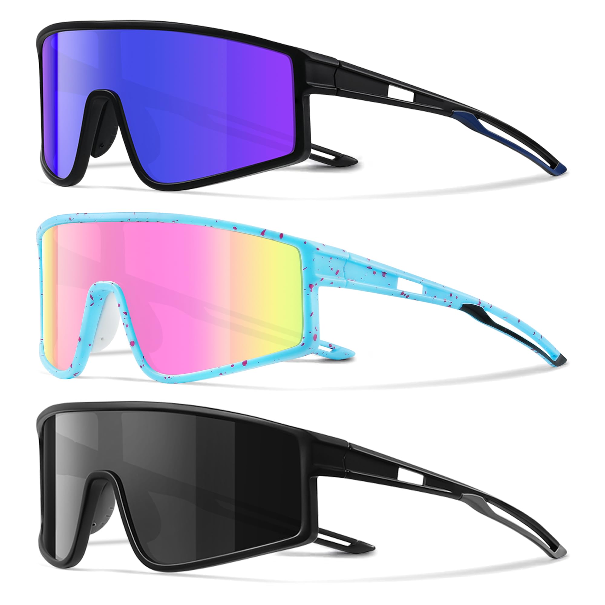 Kegrimi 3 Pack Kids Sunglasses Youth Baseball Polarized Sun Glasses Sports Cycling Running for Boys Girls UV Protection（Blue+pink/Black+blue/Black+grey）