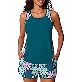 Summer Mae Modest Tankini Swimsuits for Women 2026 Textured Ribbed Bathing Suits Tummy Control Swim Shorts with Pockets