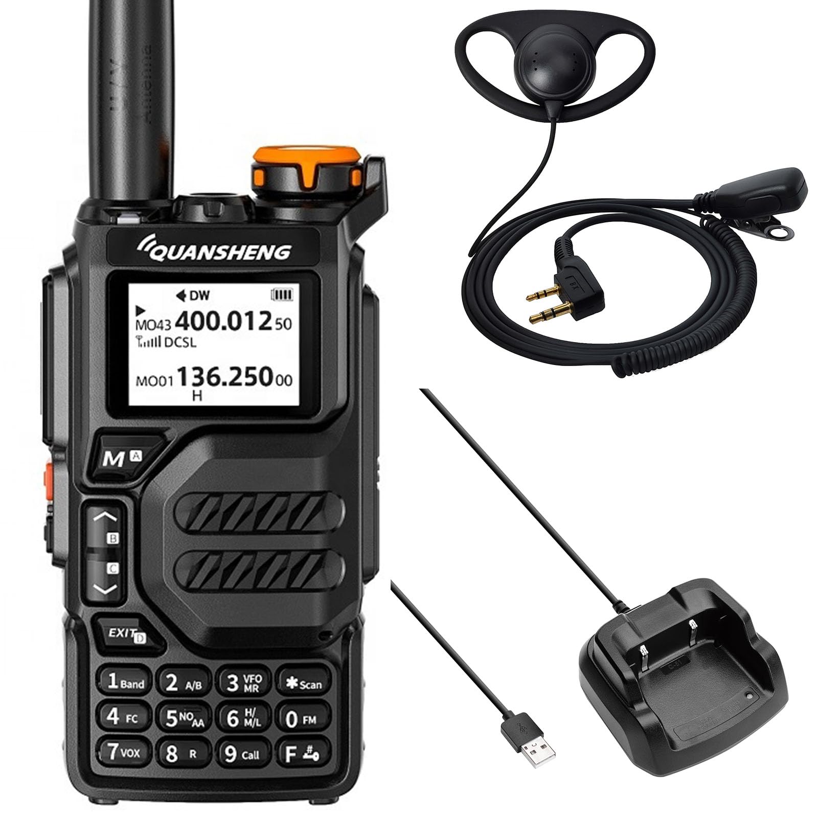 QUANSHENG UV-K5 Walkie Talkie Long Range for Adult with Earpiece, VHF UHF Dual Band 200 Channels Handheld Two Way Radio Rechargeable Portable Ham Radio with NOAA Weather Alerts, VOX