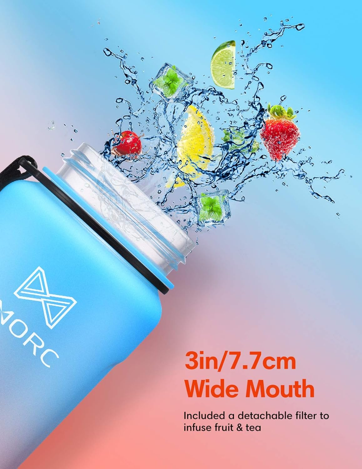 OMORC Sports Water Bottle with time marker-32oz, Fruit Infuser BPA Free Tritan Plastic Drinking Bottle with Locking Flip Lid, One-Handed Open Fitness Workout Water Bottle with Filter Blue-red: Kitchen & Dining