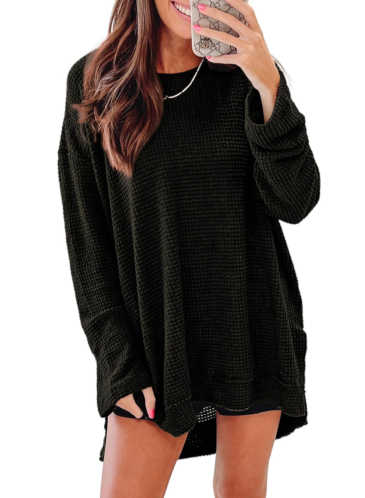 Photo 1 of *****STOCK PHOTO REFERENCE ONLY********SHEWIN Fall Tops for Women 2025 Crewneck Oversized Sweatshirt Lightweight Waffle Knit Tunic Tops Casual Long Sleeve Shirts for Women,(US 8-10) M,Black
