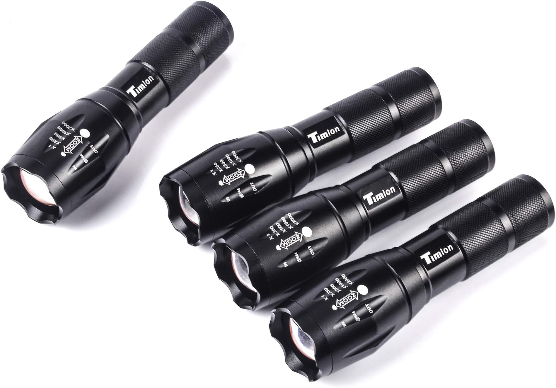 Timlon 4 PACK Tactical Flashlight Portable Emergency Flashlight 5 Mode Switch Adjustable Focus Zoomble Flashlights XML-T6 Ultra Bright 2000Lumen Aluminum Alloy Waterproof Flashlights(Black)