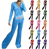 Velour Tracksuit Womens Two Piece Lounge Set Long Sleeve Zip up Hooded Jacket Wide Leg Pants Y2k Sweatsuit Set