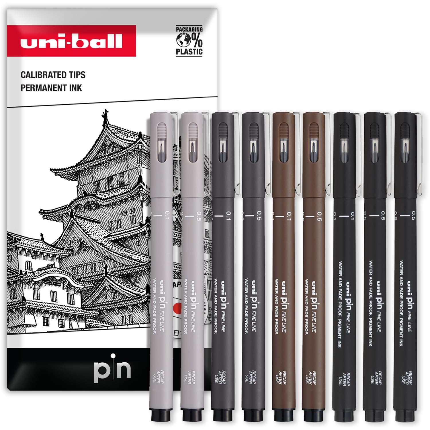 Uni Pin Fineliner Drawing Pen - Sketching Set - Black, Dark Grey, Light Grey, Sepia - 0.1/0.5mm - Pack of 9 in Envelope Gift Packaging