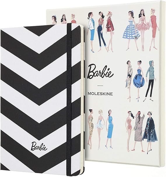 Caderno Barbie Pautado, Moleskine, 22x19cm Grande, Chevrom Preto e Branco