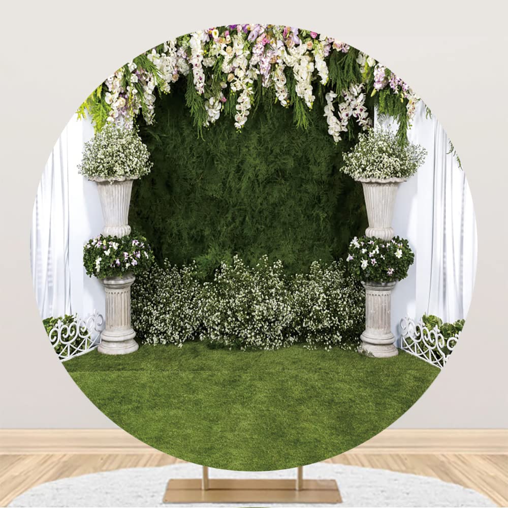 Aoihrraan 150cm Diameter Wedding Round Photography Backdrop Elegant Flowers White Curtain Green Grass Greenery Wall Backgrounds Wedding Party Bridal Shower Lovers Adult Portrait Studio Photo Props
