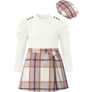 Girls 3 Piece Plaid Skirt Set with Beret Ribbed Top Preppy Outfit | School & picture day outfit for girls with plaid skirt, l
