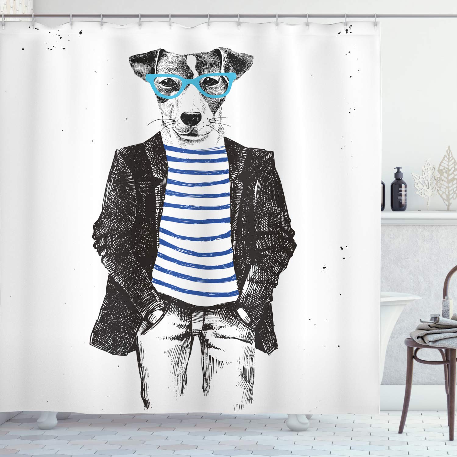 ABAKUHAUS Quirky Shower Curtain, Hipster Jack Russell Dog with Glasses Hand Drawn Sketchy Fashion Animal Fun, Cloth Fabric Bathroom Decor Set with Hooks, Black White Blue