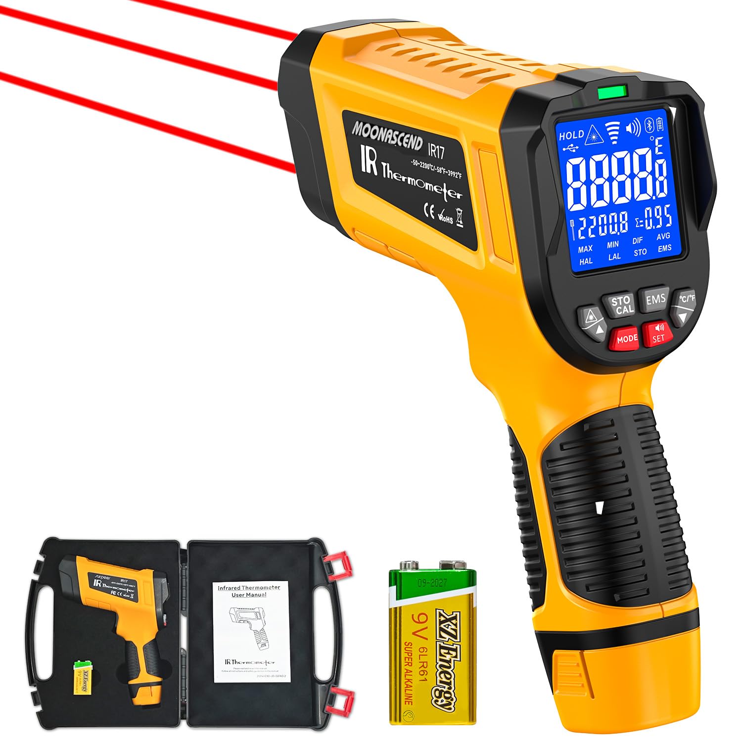 Photo 1 of -58°F to 3992°F High-Temp Infrared Temperature Gun, Industrial Laser Thermometer Gun High Precision Triple Laser Non-Contact Pyrometer Termometer for Furnace, Kiln, Forge, Furnace, Engine, HVAC