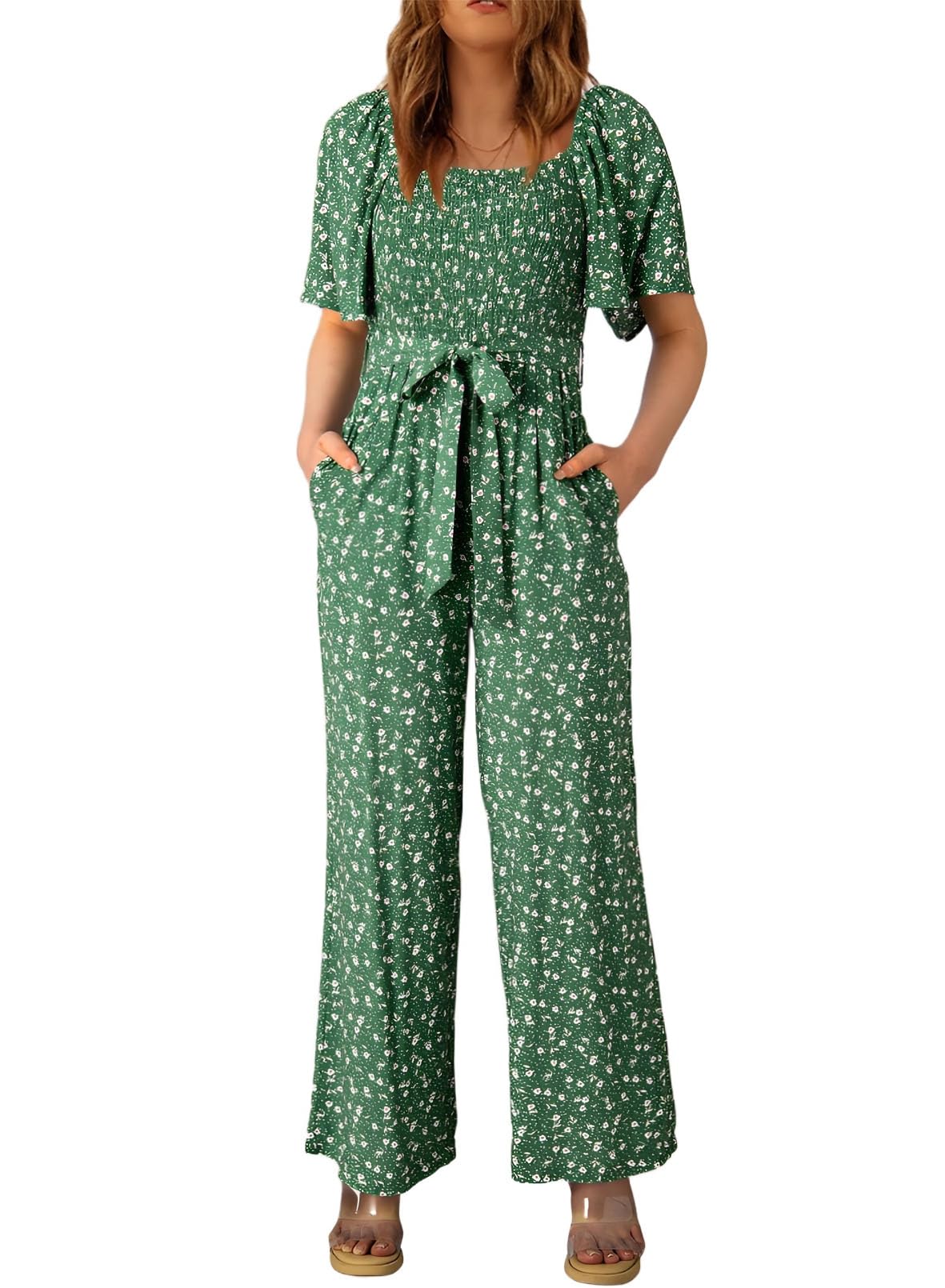 Photo 1 of Happy Sailed Womens Rompers Jumpsuits Dressy Summer Short Sleeve Hight Waisted Slim Fitted Floral Printed Boho Jumpsuit Beach Vacation Clothes for Women Green Large
