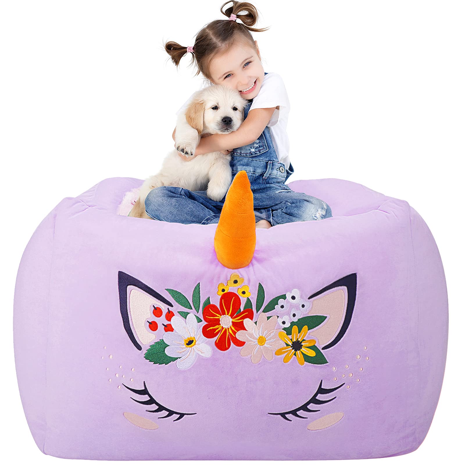 Aubliss Unicorn Stuffed Animal Storage Bean Bag Chair for Kids, Velvet Extra Soft Beanbag Chairs Cover, X-Large Stuffable Zipper Bean Bag for Organizing Plush Toys Girls Bedroom Decor, Purple Floral