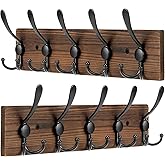 Wooden Coat Rack Wall Mount Heavy Duty, 2 Pack Coat Hanger Wall Mount with 5 Triple Hooks for Clothes, Jacket, Hat, Keys, Space Saving Entryway Organizer for Mudroom (Brown Plate & Black Hooks)