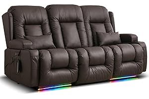 TUNYI Power Loveseat Recliner Sofa with Massage & Heat Home Theater Seating with Console Electric Recliner RV Sofa with USB/Outlet/Cup Holder/Side Pocket/LED Light (Brown, 3 Seat)