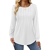 YUCOLEN Long Puff Sleeve Shirts for Women Pleated Crew Neck Tunic Tops Blouses Dressy Casual Fall Tops