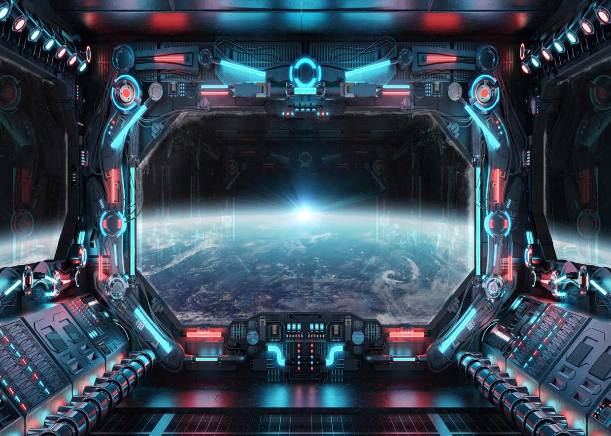 Photo 1 of SJOLOON Spaceship Interior Backdrop Planet Earth Backdrop Exploration Science Fiction Spacecraft Photography for Studio Props Photoshoot 12688(7x5FT)