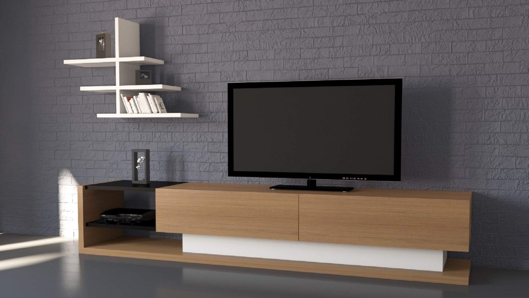 DECOROTIKA Liza TV Stand and Entertainment Center for TVs up to 70" with Accent Wall Shelf (Teak & Black & White)