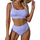 Women Sports High Waisted Swimsuits Two Piece Scoop Neck Crop Top Bikini Cheeky High Cut Ribbed Color Block Bathing Suit