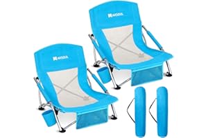 AKSOUL Folding Beach Chair for Adults: Low/High Back Chairs with Carry Bag - Extra Wide Seat Chair with Comfortable Pillow & Storage Pocket (1 Pack & 2 Pack, Blue)