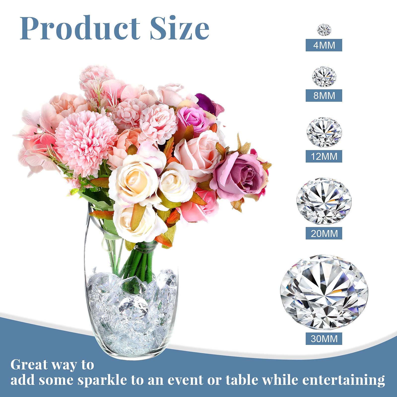 Hicarer 800-Piece Diamond Decorations - Acrylic Diamond Table Scatter Crystals for Vase Fillers, Party Decor (Clear, 30mm, 20mm, 12mm, 8mm, 4mm)