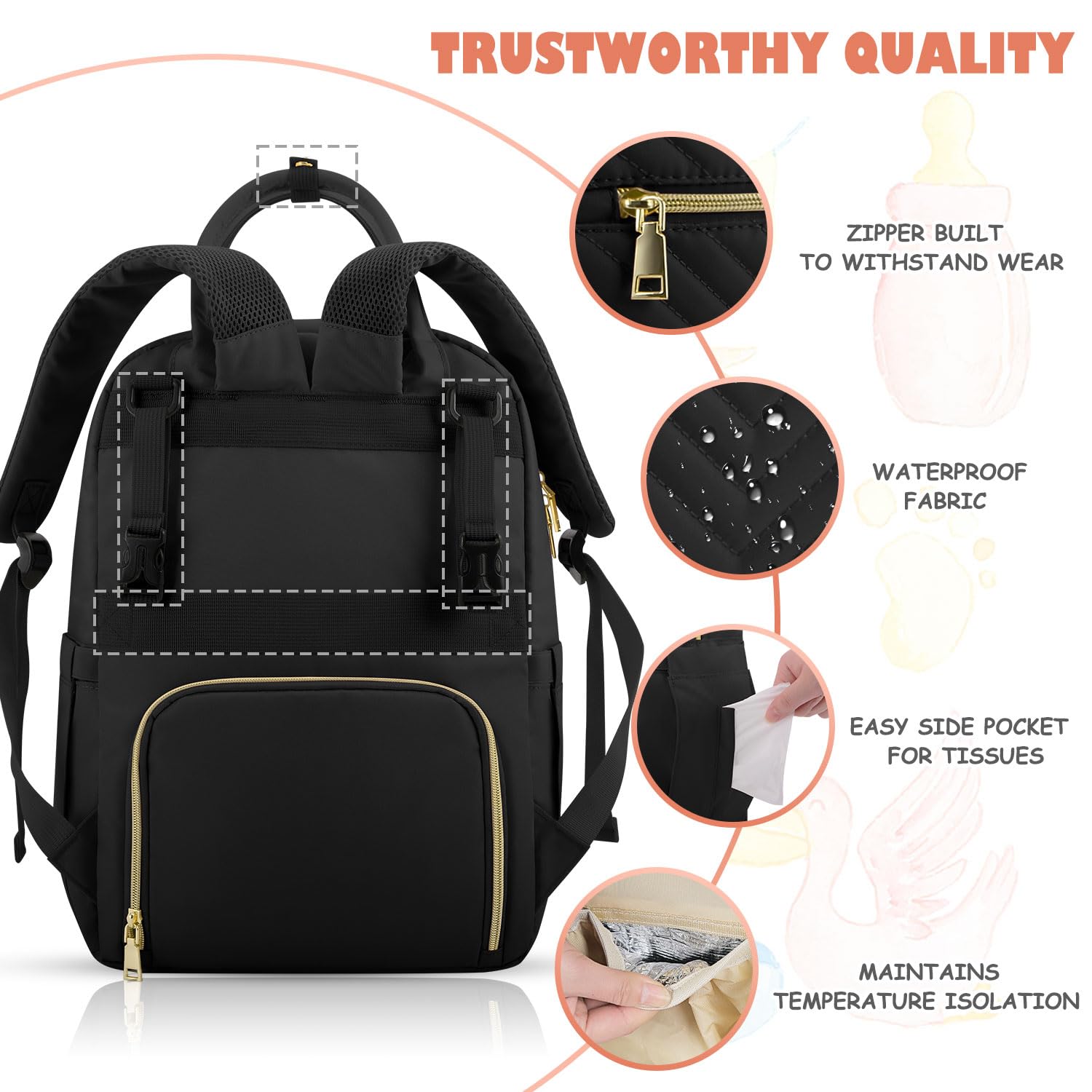 Tenot Baby Diaper Bag Backpack, Travel Diaper Bags for Baby Girl Boy Large Capacity Baby Bag Backpack for Women Black