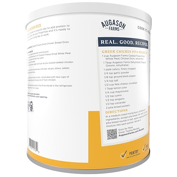 AUGASON FARMS COOKED FREEZE DRIED WHITE MEAT CHICKEN DICES CAN, EMERGENCY FOOD SUPPLY, EVERYDAY MEALS, 15 SERVINGS
