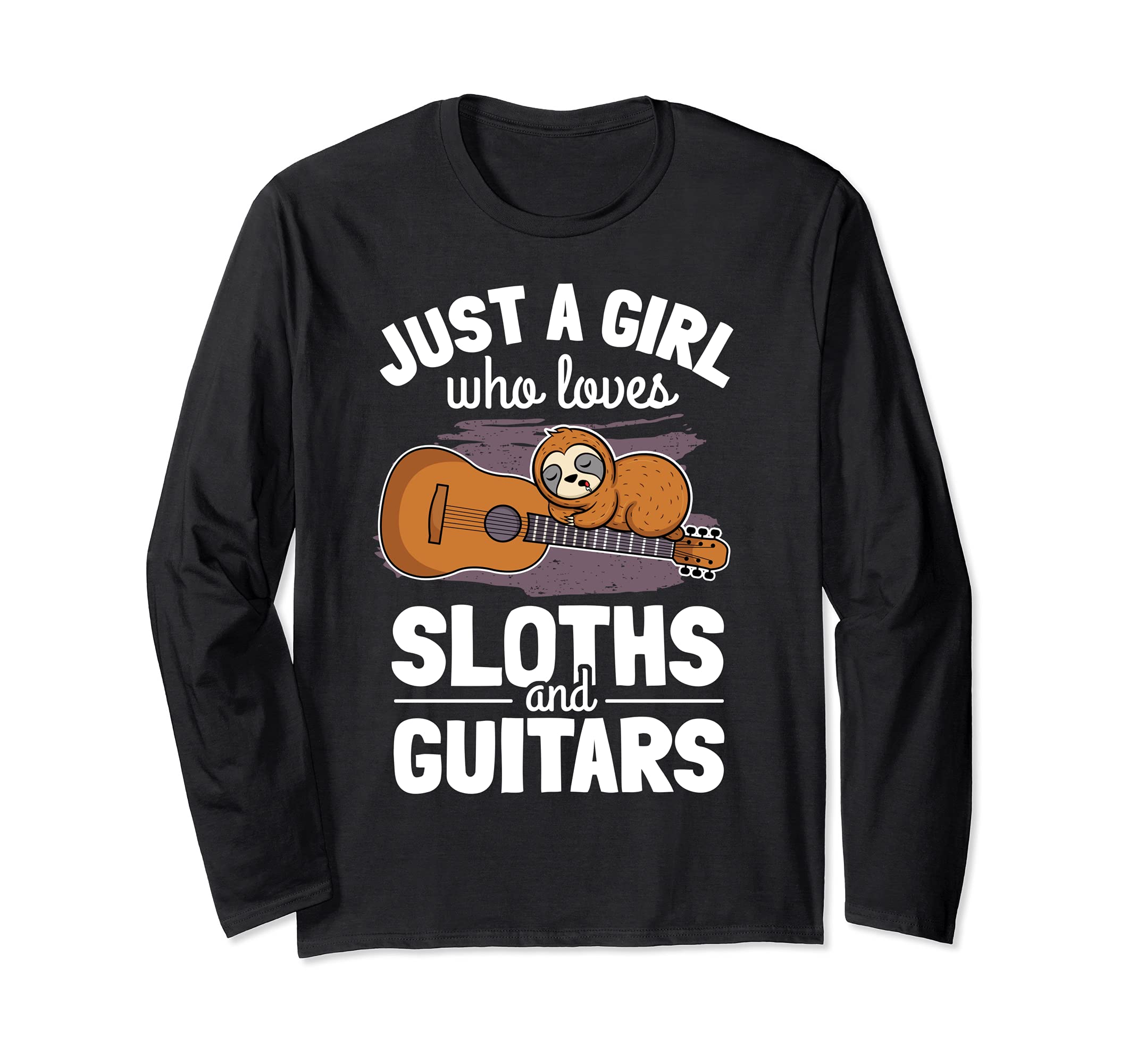 Cute Sleeping Sloth Guitar Player Woman Lazy Girl Guitarist Long Sleeve T-Shirt
