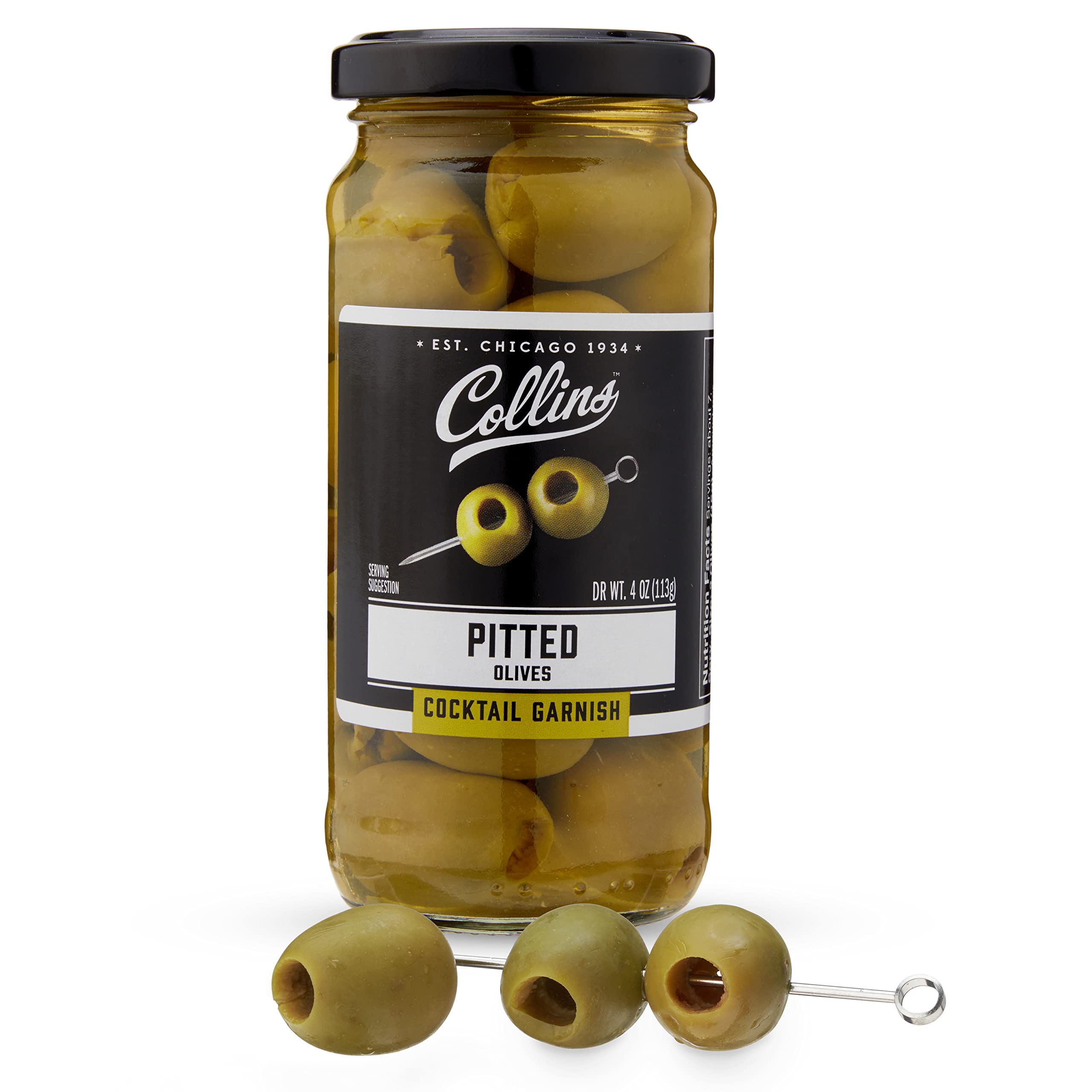 Photo 1 of Collins Pitted Olives - Popular Garnish for Cocktails, Dirty Martinis, Salads, Cheese Trays, Charcuterie, Snacks, 4oz