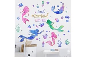 Yovkky Baby Girls Mermaid Wall Decals Stickers, Under The Sea Ocean Creatures Coastal Fish Bubble Glitter Nursery Kids Room Crib Decor, A Little Mermaid Sleeps Here Beach Home Decorations Bedroom Art