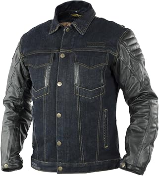 motorcycle denim jacket with leather sleeves