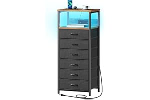 Seventable Night Stand with Charging Station, Tall Nightstand with 6 Fabric Storage Drawers, Side Table with LED Light for Bedroom, Entryway, Rustic Brown