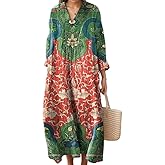 Akivide Women's Flowy Oversized Baggy Boho Floral V Neck Midi Dress Long Sleeve Casual Dress with Pockets