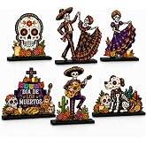 6 Pcs Day of the Dead Centerpieces, Wooden Sugar Skull Table Decor | Table Decorations for Dia De Los Muertos Altar, Halloween Party, Mexican Fiesta, Mantel, and Shelf Decor