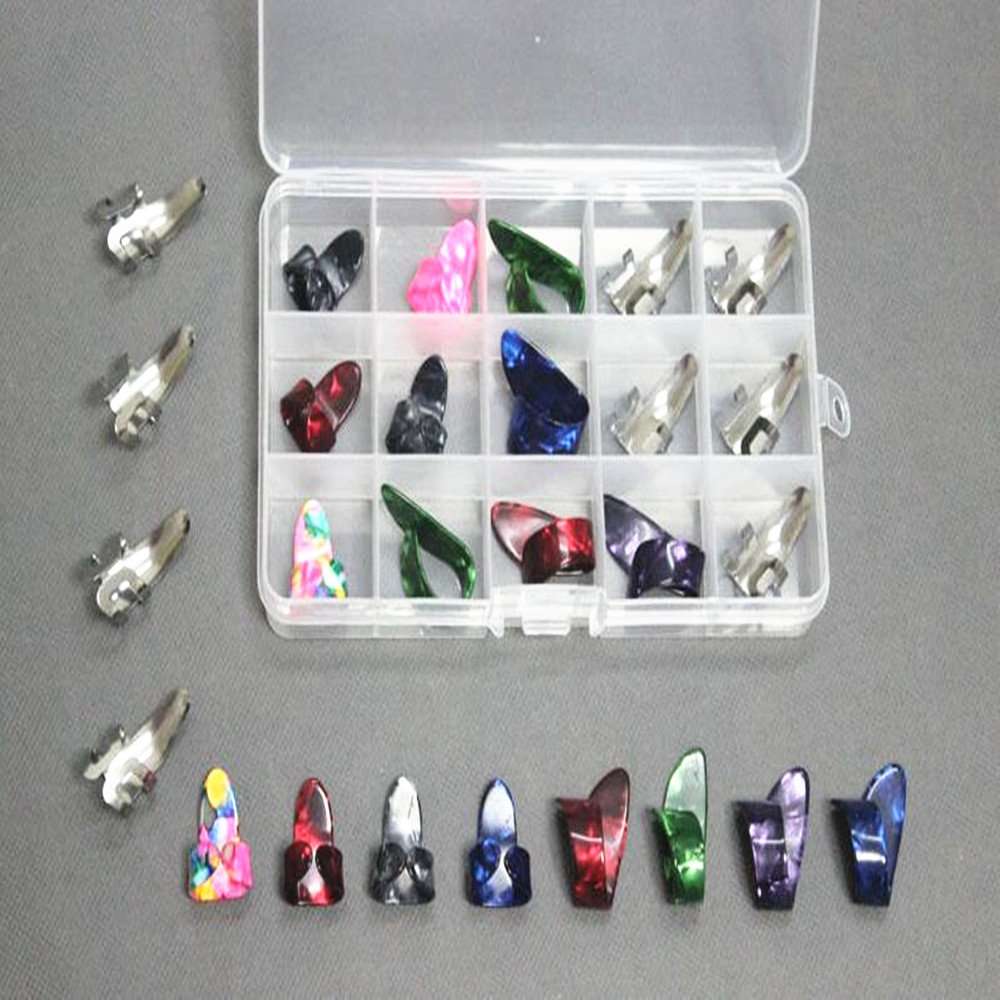 15pcs Stainless Steel Celluloid Thumb Finger Guitar paddles Picks+Case Box Grid