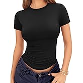 MANGOPOP Fitted Crew Neck Short Sleeve Shirts for Women Basic Tees Tops