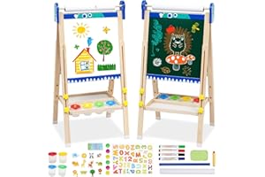 Wooden Art Easel for Kids Foldable Double Sided Easel with Whiteboard Chalkboard Paper Roll Painting Accessories Tray Magnet 