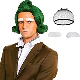 Wiggy Mermaid Short Green Wavy Wig + White Eyebrows for Men Costume + Cap | Chocolate Worker Elf Wigs Unisex Dark Green Synthetic Wig for Halloween Costume Cosplay Party
