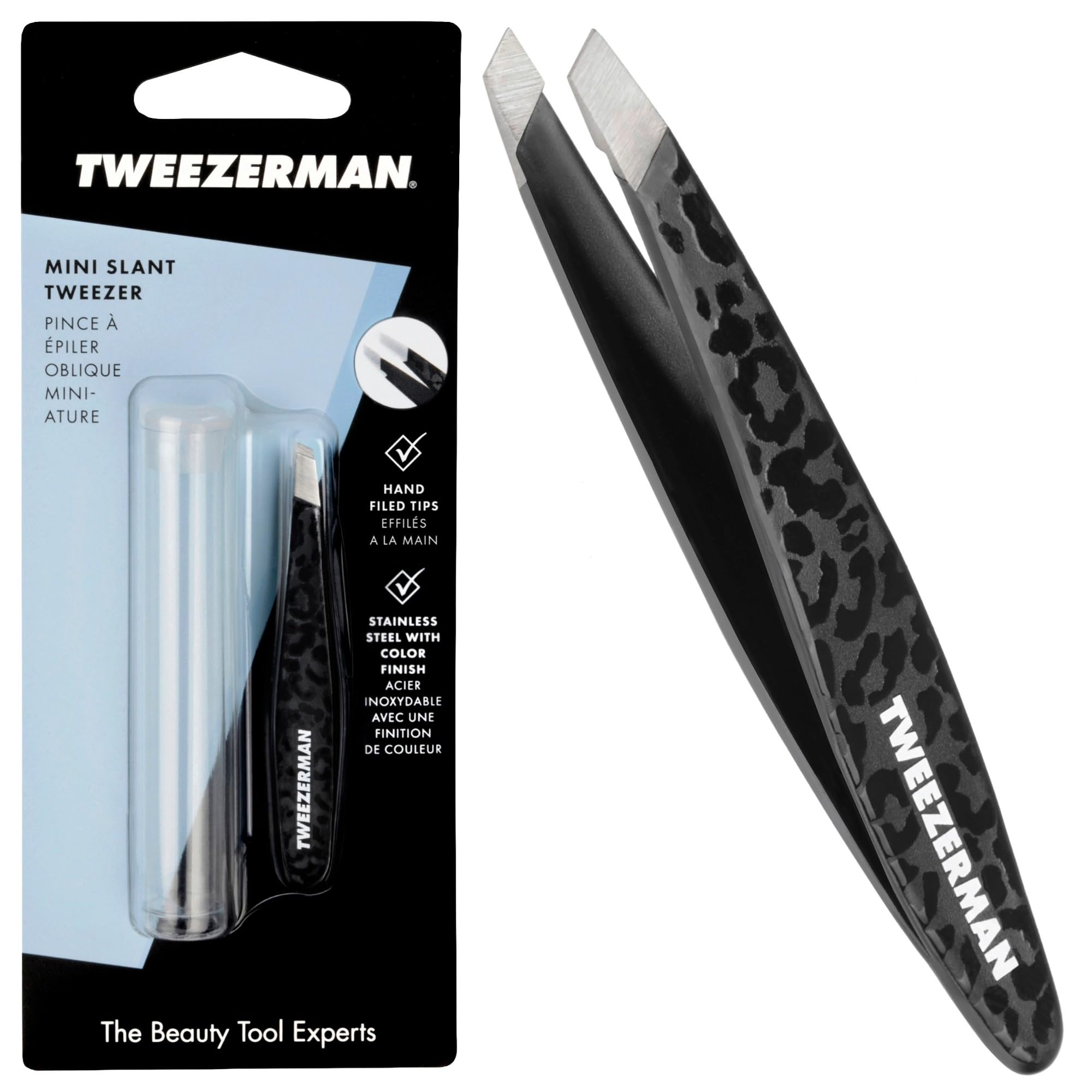 Tweezerman Black Leopard Mini Slant Tweezer, Professional Stainless Steel Precision Tweezers for Facial Hair and Eyebrows, with Travel Case, (Pack of 1) — image 1