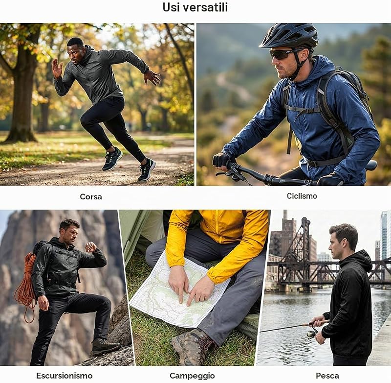 Giacca Impermeabile Uomo Antipioggia Leggera con Cappuccio Outdoor, M