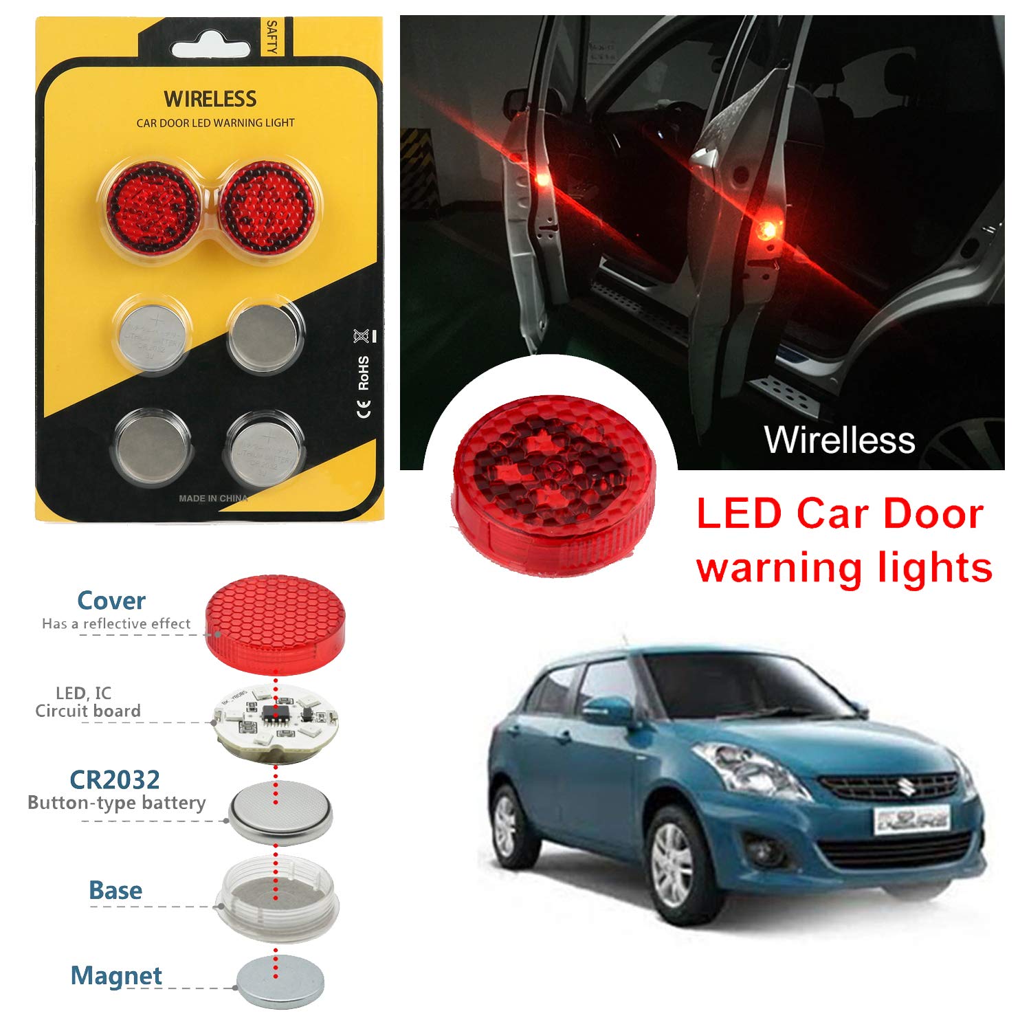 2 Pieces Car Safety Door Open Warning Anti Collision Flash Lamp Led