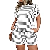 Beautife Womens Plus Size Lounge Set 2 Piece Outfits Stripe Short Sleeve Shirts Tops Shorts Summer Casual Loungewear White